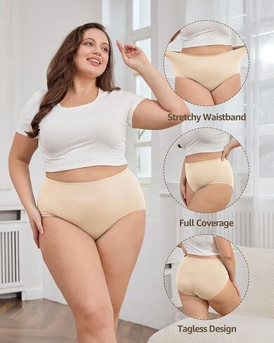 POPKOK Womens Cotton Underwear High Waisted Briefs Comfort Stretch Panties Plus Size Full Coverage 4-Pack in Kuwait