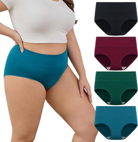 POPKOK Womens Cotton Underwear High Waisted Briefs Comfort Stretch Panties Plus Size Full Coverage 4-Pack in Kuwait