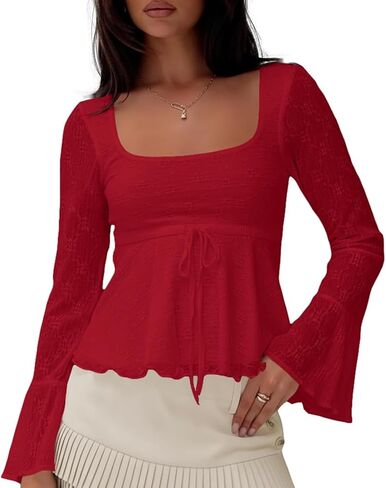 Women Y2k Floral Lace Babydoll Top Long Bell Sleeve Square Neck Tie Front Ruffle Hem Blouse in Saudi Arabia