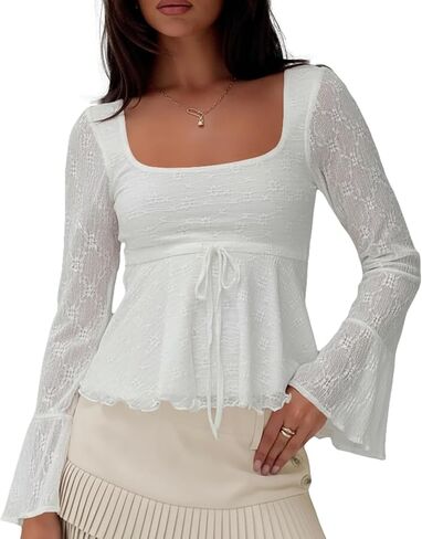 Women Y2k Floral Lace Babydoll Top Long Bell Sleeve Square Neck Tie Front Ruffle Hem Blouse in Saudi Arabia