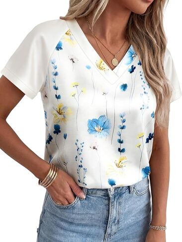 Funlingo Womens Silk Satin Tops Summer Color Block Short Sleeve Blouses V Neck Graphic T Shirts Trendy Vacations Outfits 2026 in Kuwait