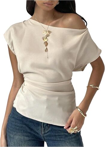 Floerns Women's Elegant Off The Shoulder Shirts Ruched Short Sleeve Dressy Casual Blouses in Saudi Arabia
