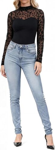 Women's Mock Neck Sparkly Mesh Sheer Long Sleeve Crop Blouse Shirt Blouse Top in Saudi Arabia