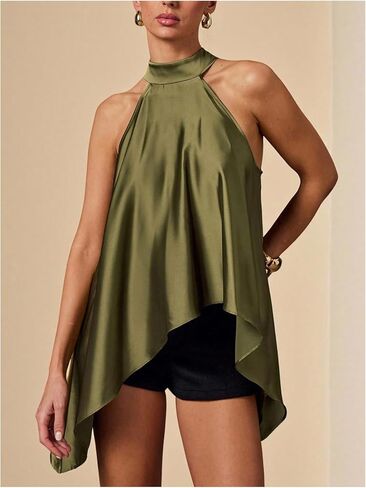 Verdusa Women's Satin Halter Tops Dressy Blouse Mock Neck Top Asymmetrical Business Casual Outfits in Saudi Arabia