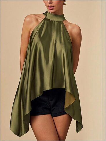 Verdusa Women's Satin Halter Tops Dressy Blouse Mock Neck Top Asymmetrical Business Casual Outfits in Saudi Arabia