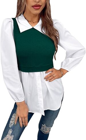 WDIRARA Women's Two Tone Lantern Long Sleeve Button Front Shirt Peplum Blouse Top in Saudi Arabia
