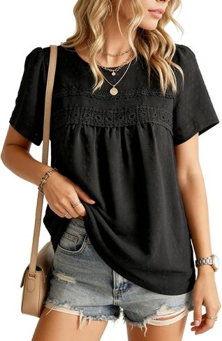 ROYLAMP Summer Boho Tops Crewneck Short Sleeve Shirts Casual Chiffon Blouses Flowy Lace Trim Swiss Dots Clothing Trendy 2026 in Saudi Arabia
