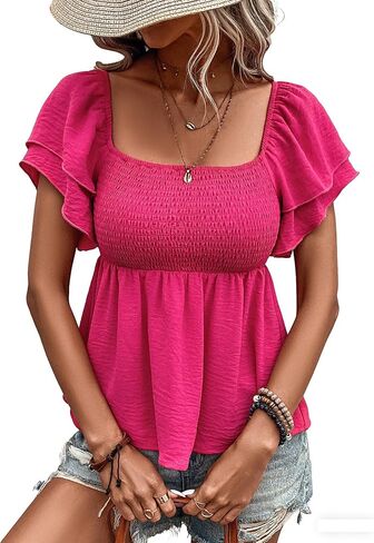 Women's Babydoll Tops Square Neck Ruffle Short Sleeve Summer Smocked Peplum Blouse Top in Saudi Arabia