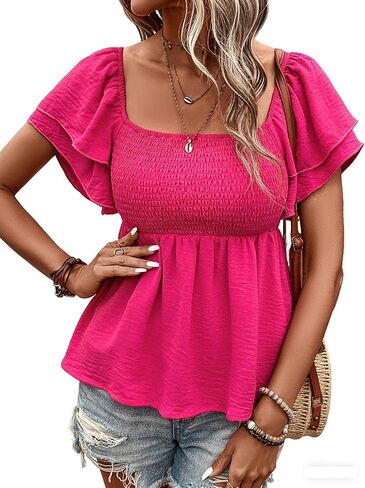 Women's Babydoll Tops Square Neck Ruffle Short Sleeve Summer Smocked Peplum Blouse Top in Saudi Arabia