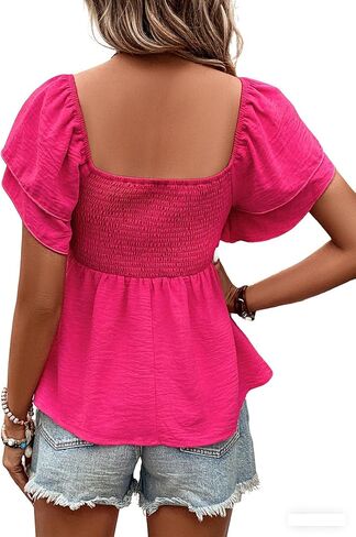Women's Babydoll Tops Square Neck Ruffle Short Sleeve Summer Smocked Peplum Blouse Top in Saudi Arabia