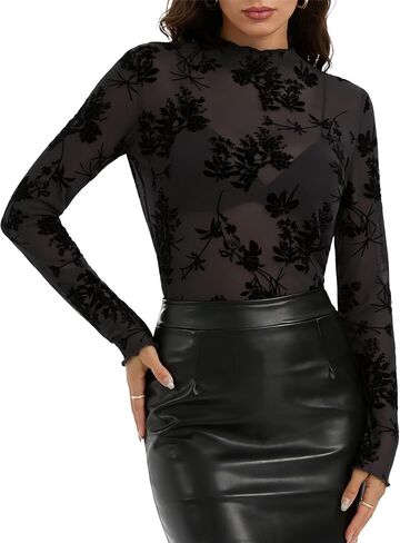 Womens Lace Long Sleeve Tops Mesh Sheer Floral See Through Mock Neck Going Out Shirt Party Club Night Blouse in Saudi Arabia