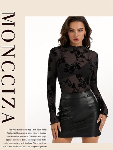 Womens Lace Long Sleeve Tops Mesh Sheer Floral See Through Mock Neck Going Out Shirt Party Club Night Blouse in Saudi Arabia
