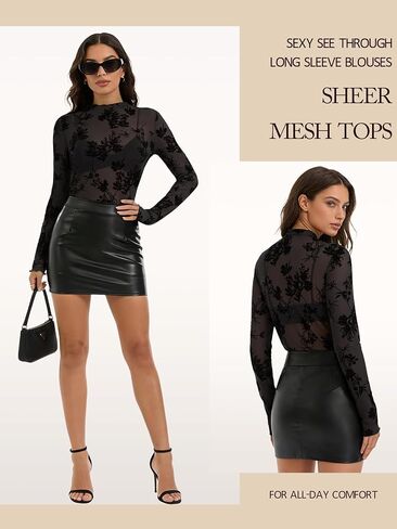 Womens Lace Long Sleeve Tops Mesh Sheer Floral See Through Mock Neck Going Out Shirt Party Club Night Blouse in Saudi Arabia