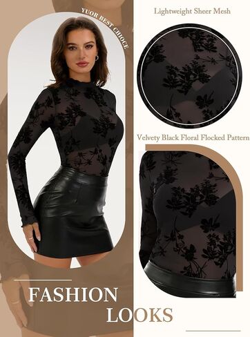 Womens Lace Long Sleeve Tops Mesh Sheer Floral See Through Mock Neck Going Out Shirt Party Club Night Blouse in Saudi Arabia