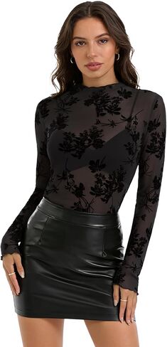 Womens Lace Long Sleeve Tops Mesh Sheer Floral See Through Mock Neck Going Out Shirt Party Club Night Blouse in Saudi Arabia