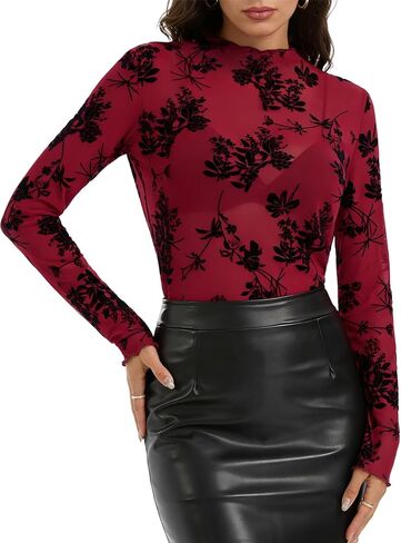 Womens Lace Long Sleeve Tops Mesh Sheer Floral See Through Mock Neck Going Out Shirt Party Club Night Blouse in Saudi Arabia