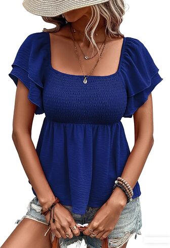 Women's Babydoll Tops Square Neck Ruffle Short Sleeve Summer Smocked Peplum Blouse Top in Saudi Arabia