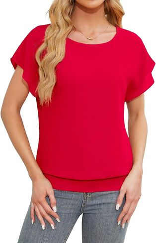 بلوزة شيفون صيفية للسيدات، بلوزة فضفاضة بأكمام قصيرة وجناح الخفاش كاجوال أنيقة in Kuwait