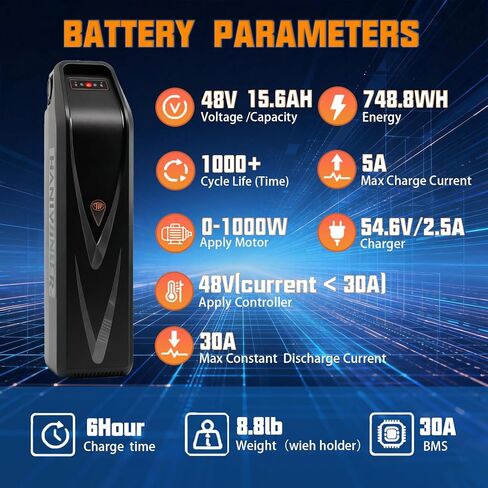 بطارية الدراجة الإلكترونية 48 فولت 15.6 أمبير في الساعة، استبدال ليثيوم أيون مع حماية BMS، منفذ USB وقفل المفتاح، حامل عالمي للدراجات الكهربائية، الدراجة الجبلية in Kuwait