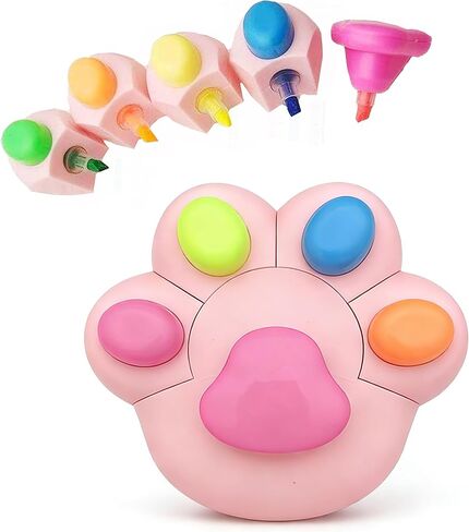 Cute Cat Paw Shaped Highlighter Set, 5 Colors Multi-Pack with Pink Base, Desktop Organizer for Students, Journaling and Note Taking in Saudi Arabia