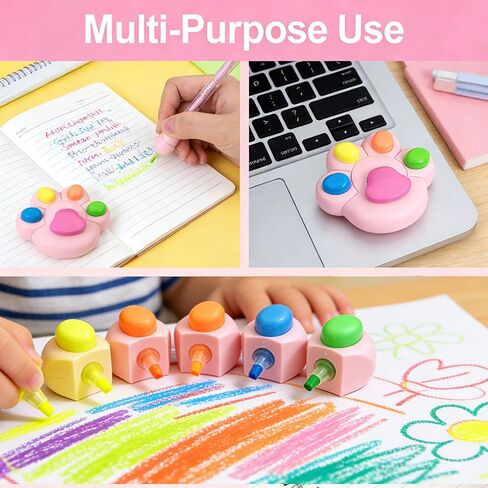 Cute Cat Paw Shaped Highlighter Set, 5 Colors Multi-Pack with Pink Base, Desktop Organizer for Students, Journaling and Note Taking in Saudi Arabia