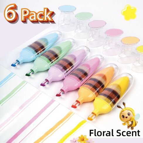 6 Pcs Scented Highlighters Pens,Cute Design Assorted Colors Highlighter Set,Transparent Widen Chisel Tip,Dry-Quickly,No Bleed,Ideal for Office in Saudi Arabia