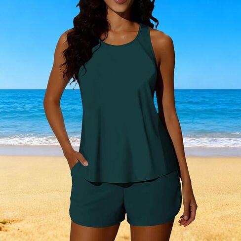 Bathing Suit for Women Blouson Tankini Swimsuits Tummy Control Two Piece Bathing Suits with Sporty Pockets Swim Shorts in Kuwait