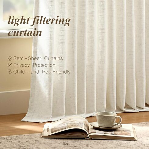 ستائر كتان مطوية بطول 90 بوصة لغرفة المعيشة وغرفة النوم، ستائر مطوية لتصفية الضوء الطبيعي، ستارة نافذة شبه شفافة مدربة بالذاكرة مع خطافات للمزرعة، لوحتان 40 بوصة عرض × 90 بوصة طول in Kuwait