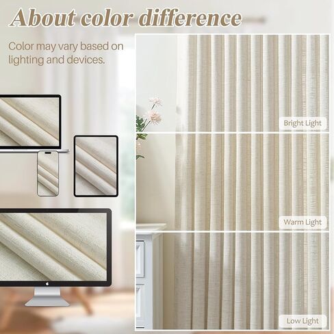 ستائر كتان مطوية بطول 90 بوصة لغرفة المعيشة وغرفة النوم، ستائر مطوية لتصفية الضوء الطبيعي، ستارة نافذة شبه شفافة مدربة بالذاكرة مع خطافات للمزرعة، لوحتان 40 بوصة عرض × 90 بوصة طول in Kuwait