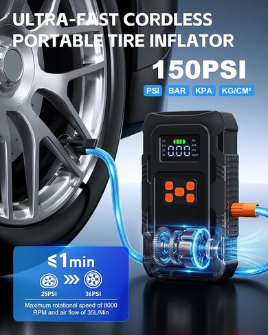 5000 أمبير مع ضاغط هواء، بطارية سيارة محمولة مع منفاخ إطارات 150 رطل لكل بوصة مربعة لما يصل إلى 10.0 لتر من الغاز ومحركات ديزل 8.0 لتر، معزز شاحن بطارية صندوق القفز 12 فولت (برتقالي) in Kuwait