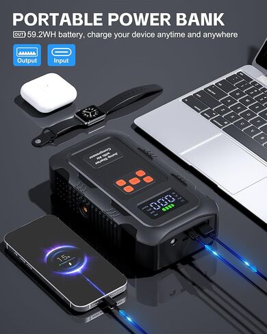 5000 أمبير مع ضاغط هواء، بطارية سيارة محمولة مع منفاخ إطارات 150 رطل لكل بوصة مربعة لما يصل إلى 10.0 لتر من الغاز ومحركات ديزل 8.0 لتر، معزز شاحن بطارية صندوق القفز 12 فولت (برتقالي) in Kuwait