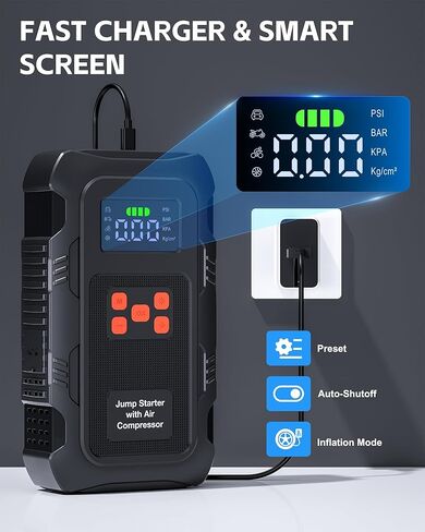 5000 أمبير مع ضاغط هواء، بطارية سيارة محمولة مع منفاخ إطارات 150 رطل لكل بوصة مربعة لما يصل إلى 10.0 لتر من الغاز ومحركات ديزل 8.0 لتر، معزز شاحن بطارية صندوق القفز 12 فولت (برتقالي) in Kuwait