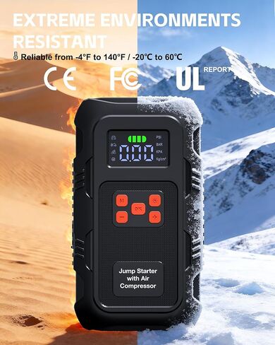 5000 أمبير مع ضاغط هواء، بطارية سيارة محمولة مع منفاخ إطارات 150 رطل لكل بوصة مربعة لما يصل إلى 10.0 لتر من الغاز ومحركات ديزل 8.0 لتر، معزز شاحن بطارية صندوق القفز 12 فولت (برتقالي) in Kuwait
