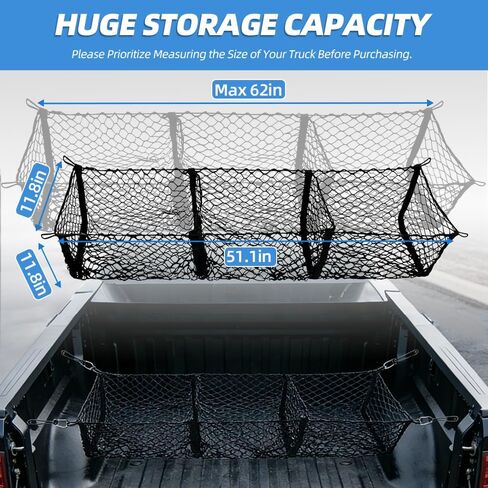 3 Pocket Truck Bed Cargo Net, Universal Mesh Storage Organizer, Black Nylon, 51.1 x 11.8 Inches Stretchable to 62 Inches, Compatible with Ford Chevy GMC Dodge Toyota Pickup Trucks in Saudi Arabia