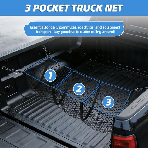 3 Pocket Truck Bed Cargo Net, Universal Mesh Storage Organizer, Black Nylon, 51.1 x 11.8 Inches Stretchable to 62 Inches, Compatible with Ford Chevy GMC Dodge Toyota Pickup Trucks in Saudi Arabia