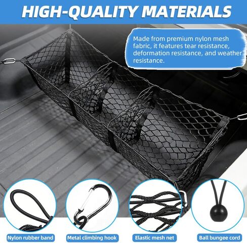 3 Pocket Truck Bed Cargo Net, Universal Mesh Storage Organizer, Black Nylon, 51.1 x 11.8 Inches Stretchable to 62 Inches, Compatible with Ford Chevy GMC Dodge Toyota Pickup Trucks in Saudi Arabia
