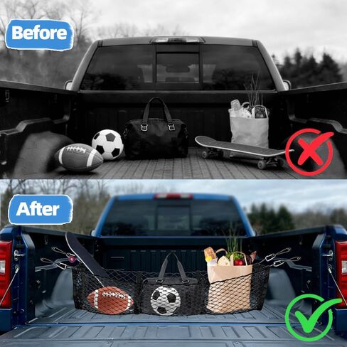 3 Pocket Truck Bed Cargo Net, Universal Mesh Storage Organizer, Black Nylon, 51.1 x 11.8 Inches Stretchable to 62 Inches, Compatible with Ford Chevy GMC Dodge Toyota Pickup Trucks in Saudi Arabia