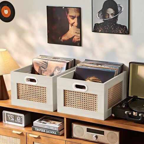 صندوق تخزين سجل الفينيل من LELELINKY، حامل سجل الفينيل الروطان بمقبض، صندوق تسجيل خشبي لحامل الفينيل حتى 75 LP، تخزين ألبوم مكعب سطح المكتب لسجلات الفينيل (بني الشاي) in Kuwait