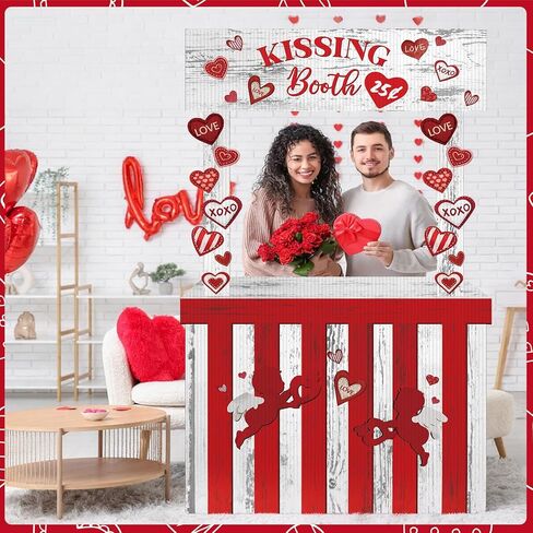 Valentines Kissing Booth 58.27 x 33.86 Inches Love Cardboard Cutout Lifesize Photo Prop Heart Kissing Booth Standup Decorative Sign for Valentines Party Wedding Outdoor Decor in Saudi Arabia
