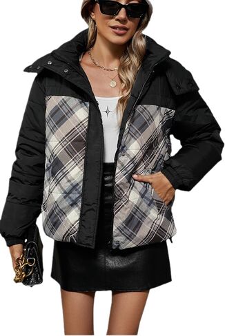 XULIKU Women Double-sided Quilted Lightweight Puffer Jacket Hooded, Fall Spring Plaid Patchwork Style Zip Up Coat Hip Length in Kuwait