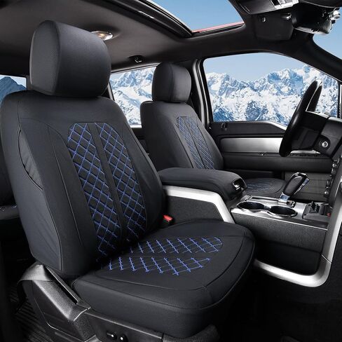 أغطية مقاعد Truckiipa الأمامية Ford F150، أغطية مقاعد جلدية مقاومة للماء مناسبة لـ 2015-2026 Ford F150 SuperCrew، 2017-2026 F250 F350 F450 Super Duty Crew Cab، زوج أمامي، أزرق وأسود in Saudi Arabia
