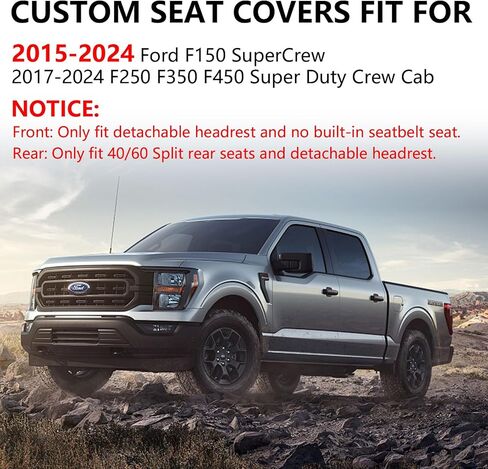 أغطية مقاعد Truckiipa الأمامية Ford F150، أغطية مقاعد جلدية مقاومة للماء مناسبة لـ 2015-2026 Ford F150 SuperCrew، 2017-2026 F250 F350 F450 Super Duty Crew Cab، زوج أمامي، أزرق وأسود in Kuwait