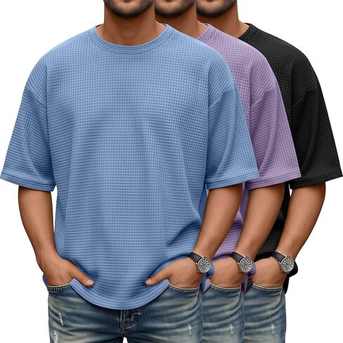 3 حزمة الرجال الهراء تي شيرت قصيرة الأكمام المتضخم Crewneck البلوز تيز فضفاضة تناسب تجريب بلايز عادية محكم in Saudi Arabia