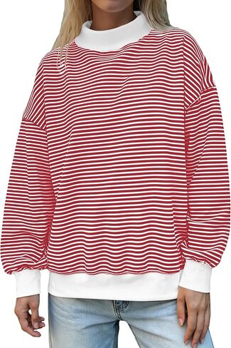 سويت شيرت نسائي مخطط كبير الحجم بياقة مدورة من القطن بلوفر بأكمام طويلة ملابس ربيع الخريف in Kuwait