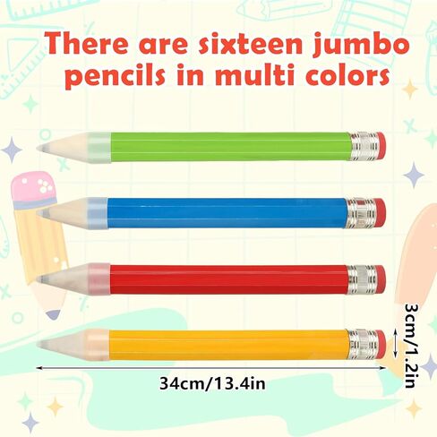 16 Pcs Wooden Jumbo Pencils, 13 Inch Funny Large Novelty Pencil, Wood Cool Giant Pencil, Big Novelty Pencils for Home School Office Halloween Christmas Party Prop Gift Decor, 4 Colors in Saudi Arabia