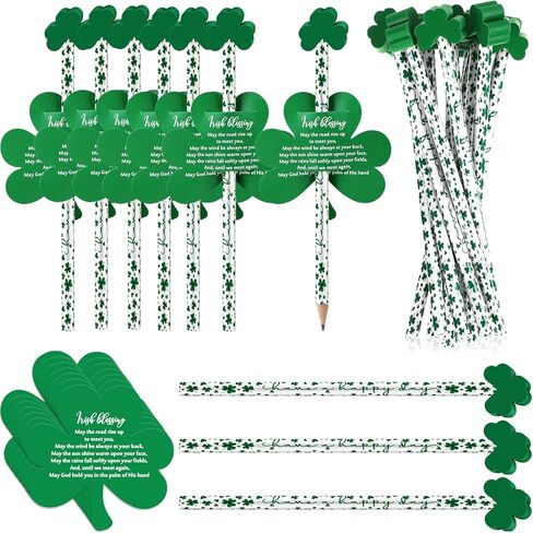 Zhanmai St. Patrick's Day Pencils with Erasers Shamrock Pencils with St. Patrick's Day Card, Green Erasers Shamrock Greeting Cards for Gift Prize Supplies(50 Sets) in Saudi Arabia