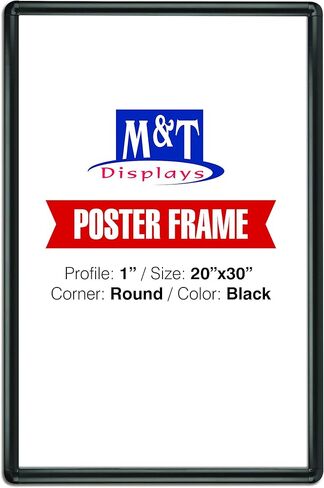 Snap Poster Frame 20x30 Inch Black 1" Aluminum Profile Front Loading Wall Mounting Photo Picture Document Sign Holder Round Corner Anti Glare Cover in Saudi Arabia