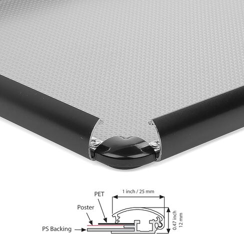 Snap Poster Frame 20x30 Inch Black 1" Aluminum Profile Front Loading Wall Mounting Photo Picture Document Sign Holder Round Corner Anti Glare Cover in Saudi Arabia