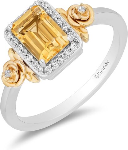Jewelili Enchanted Disney Fine Jewelry Belle Ring for Women | 14K Yellow Gold & Sterling Silver | Citrine & 1/10 CTTW Natural White Round Diamonds | Princess Jewelry Gifts for Her in Saudi Arabia