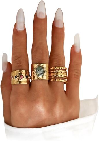 Vintage Gold Crystal Ring Set Liquid Metal Non Tarnish Stacked Knuckle Joint Ring Colorful Indian Ethnic Statement Accessories in Saudi Arabia